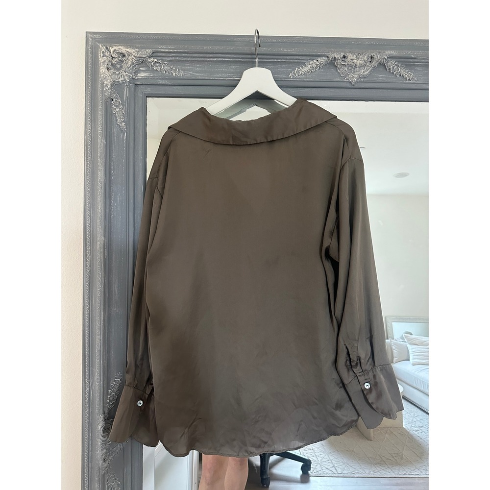 Zara Women Olive Green Basic Satin Finish Button Up Blouse Long Sleeve Shirt XL - Picture 7 of 9